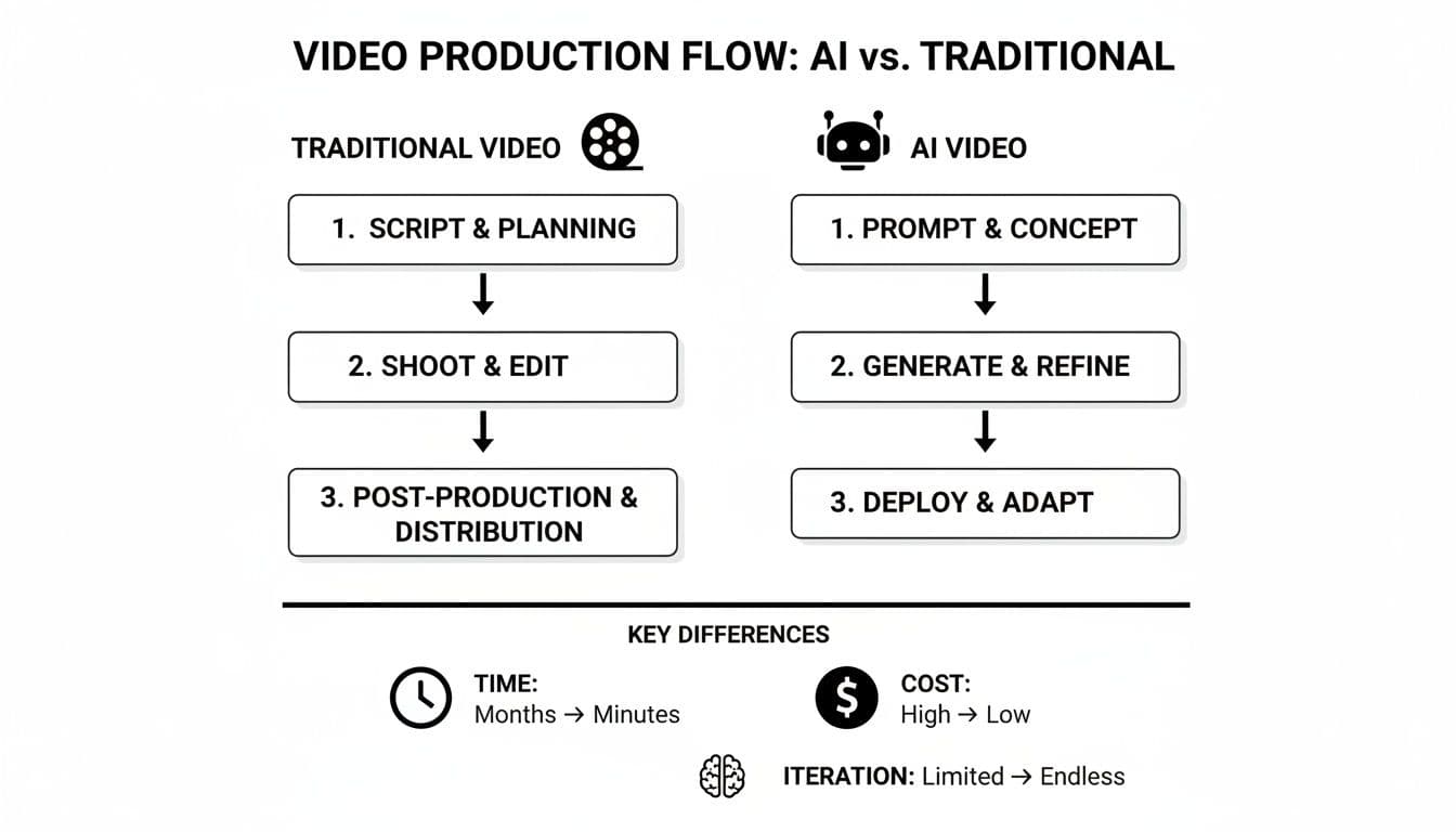 Diagrama de flux que compara els processos de producció de vídeo tradicional versus amb IA, mostrant diferències en temps, cost i iteració.