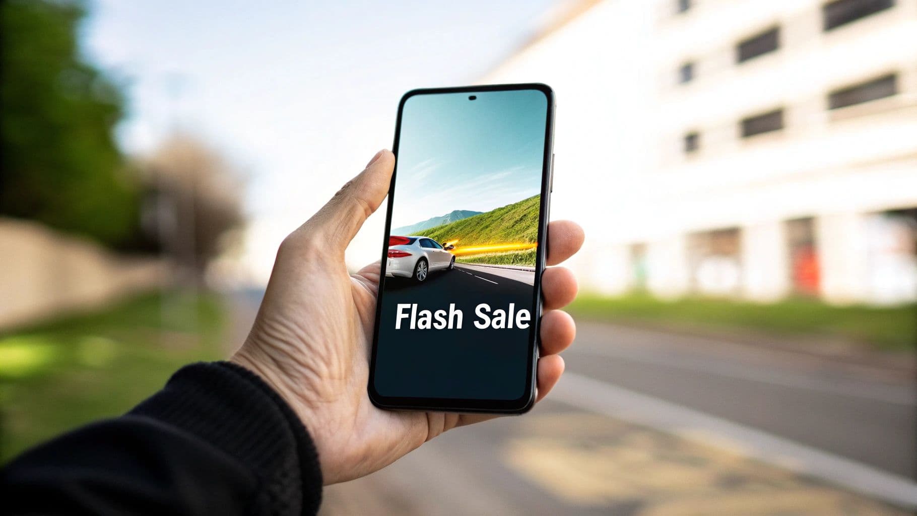 Una mà aguanta un smartphone que mostra una 'Flash Sale' per a un cotxe en una carretera escènica.