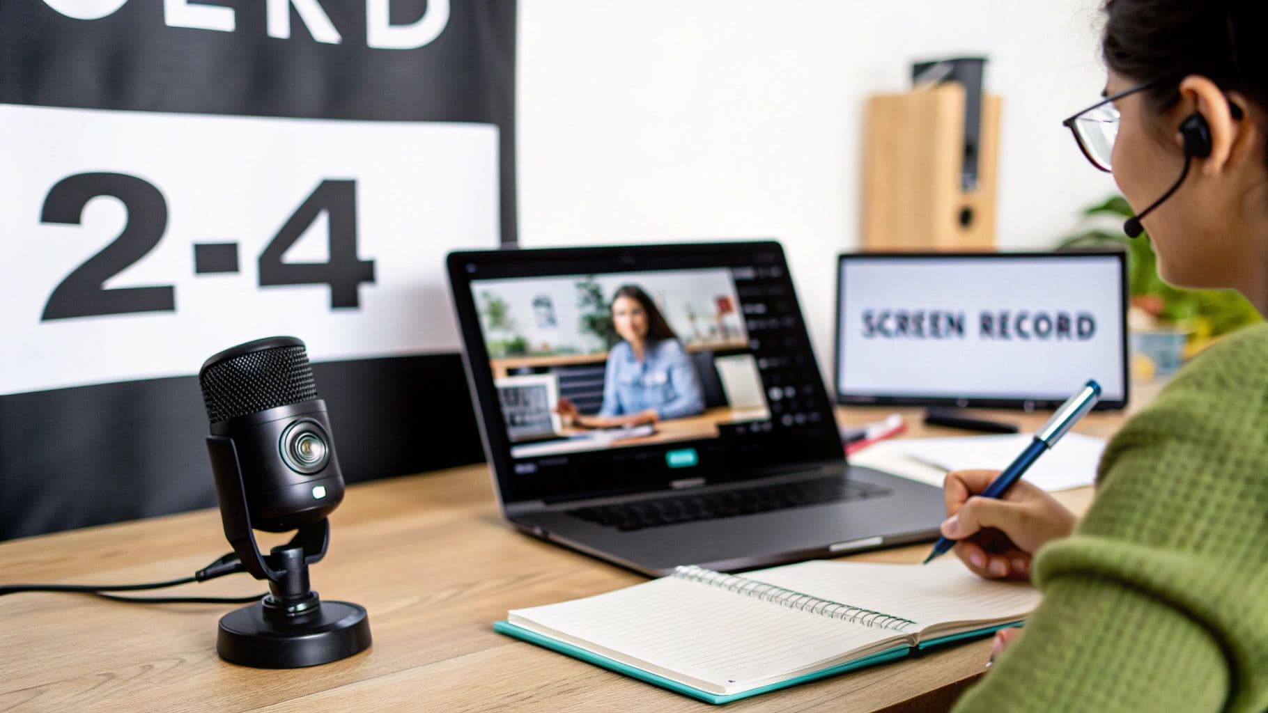Person recording an online video call, taking notes at a desk with a laptop and microphone.