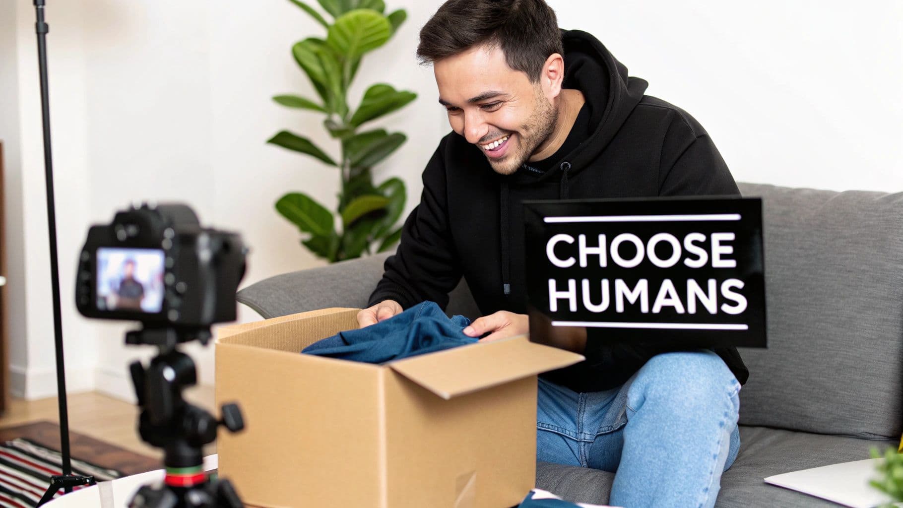 A smiling man unboxes a package for a video, holding a “CHOOSE HUMANS” sign.