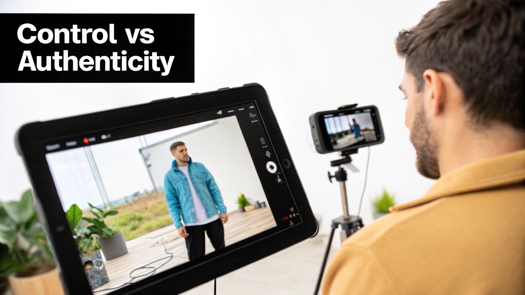 A person views a tablet showing a man being filmed, highlighting the theme "Control vs Authenticity".