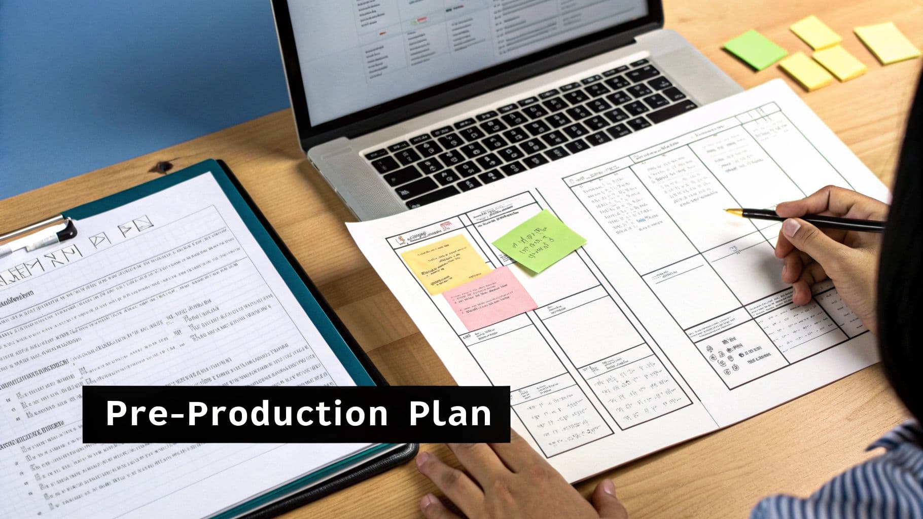Una cadira de director davant d’una càmera i configuració d’il·luminació, simbolitzant el procés de presa de decisions en la producció de vídeo.