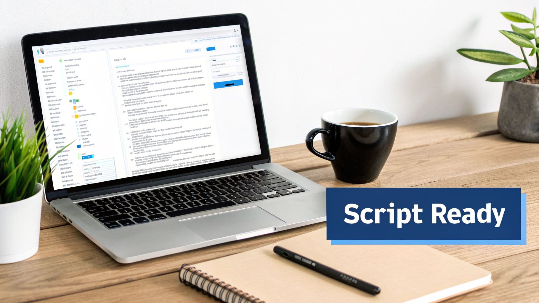 A laptop displaying a script-writing interface on a desk with coffee and plants.