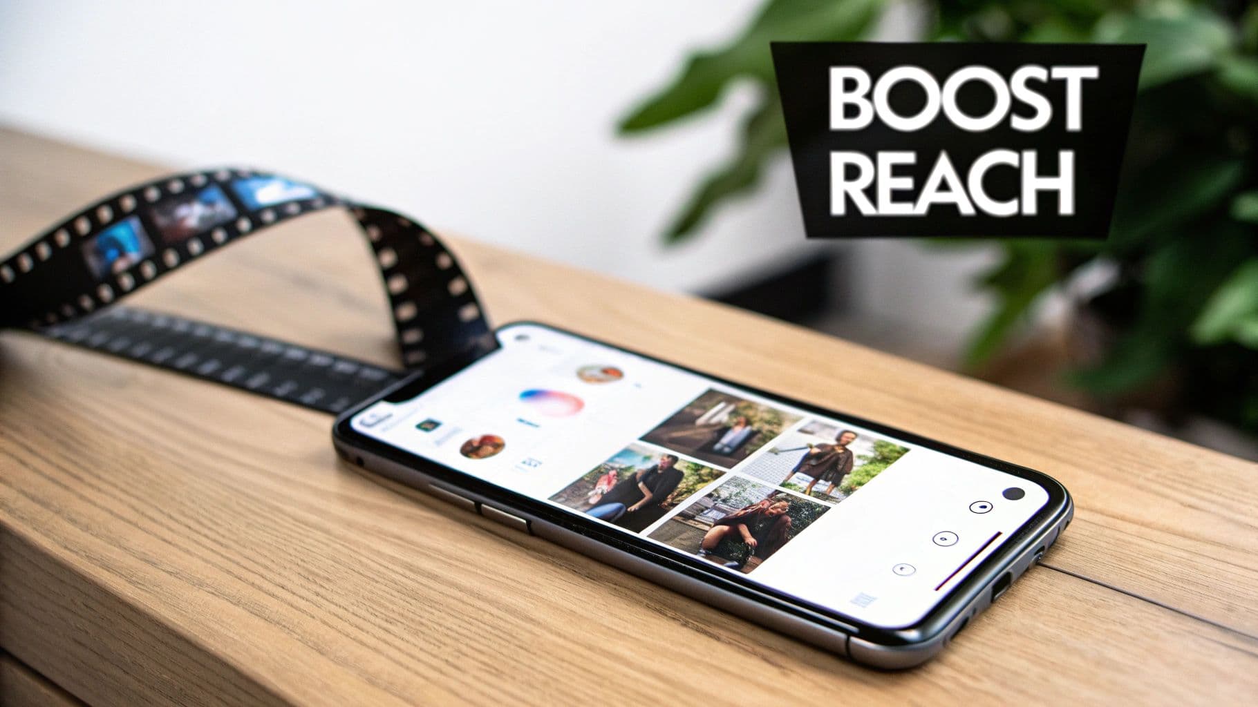 Les mans d'una persona editant un vídeo en un smartphone, amb diverses fotos disposades sobre un escriptori.