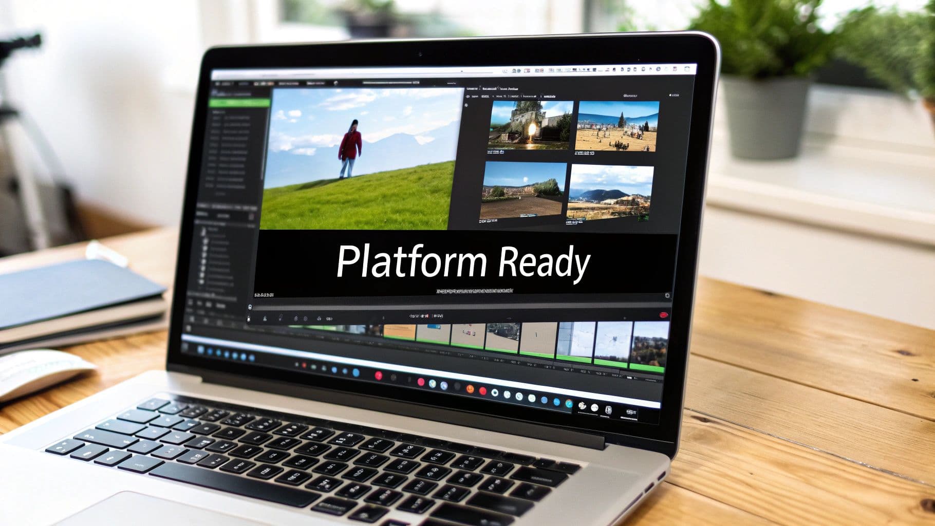 A laptop displays video editing software with a clip of a person on a green hill and various landscape thumbnails.