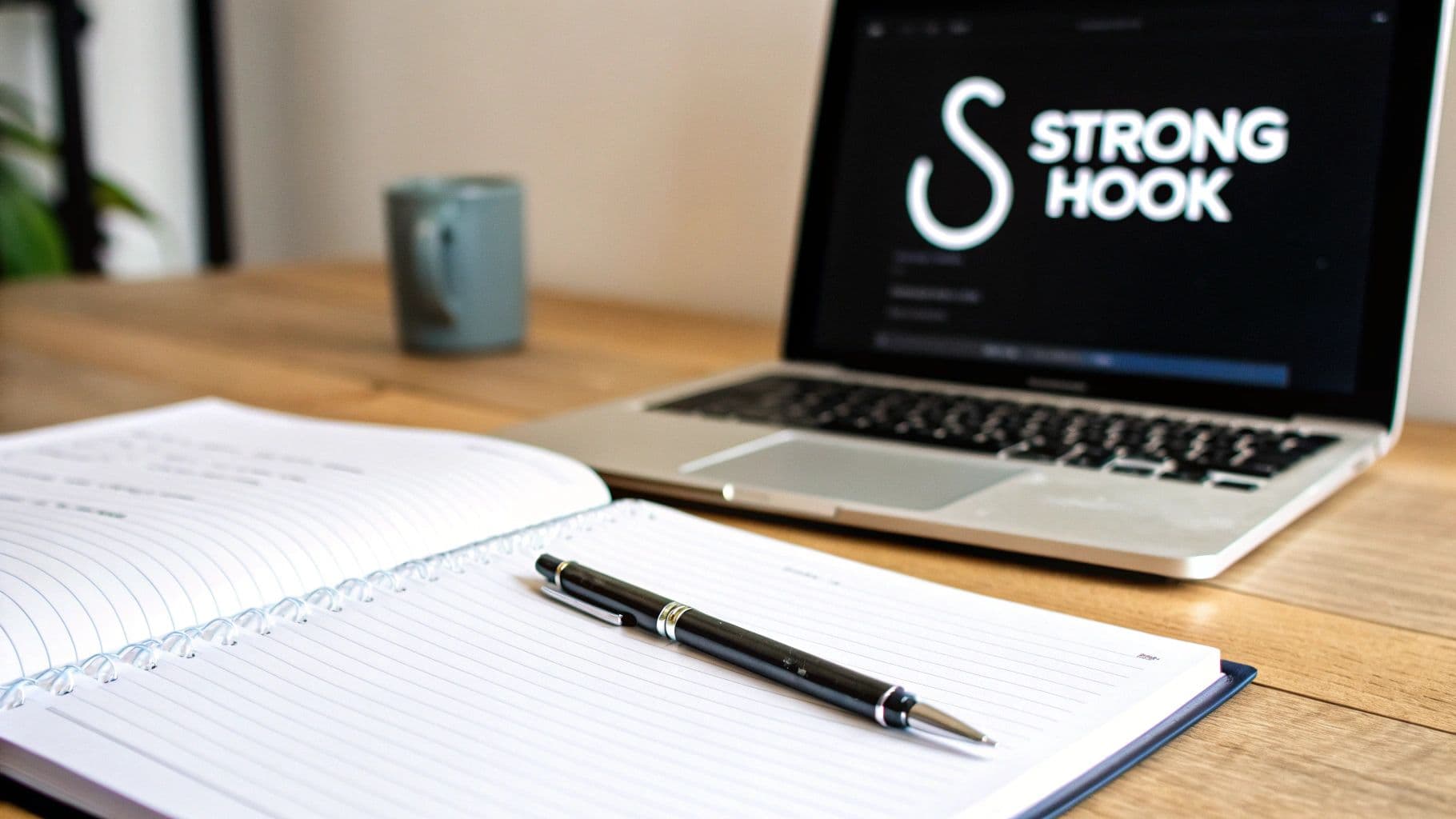 A black pen rests on an open lined notebook next to a laptop displaying 'STRONG HOOK' on a wooden desk.