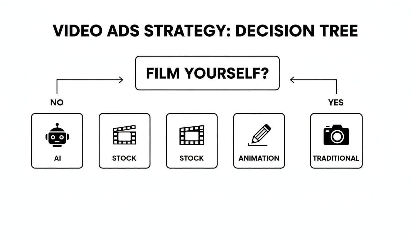 A decision tree outlining video ad strategies, including options like AI, stock, animation, and traditional filming.