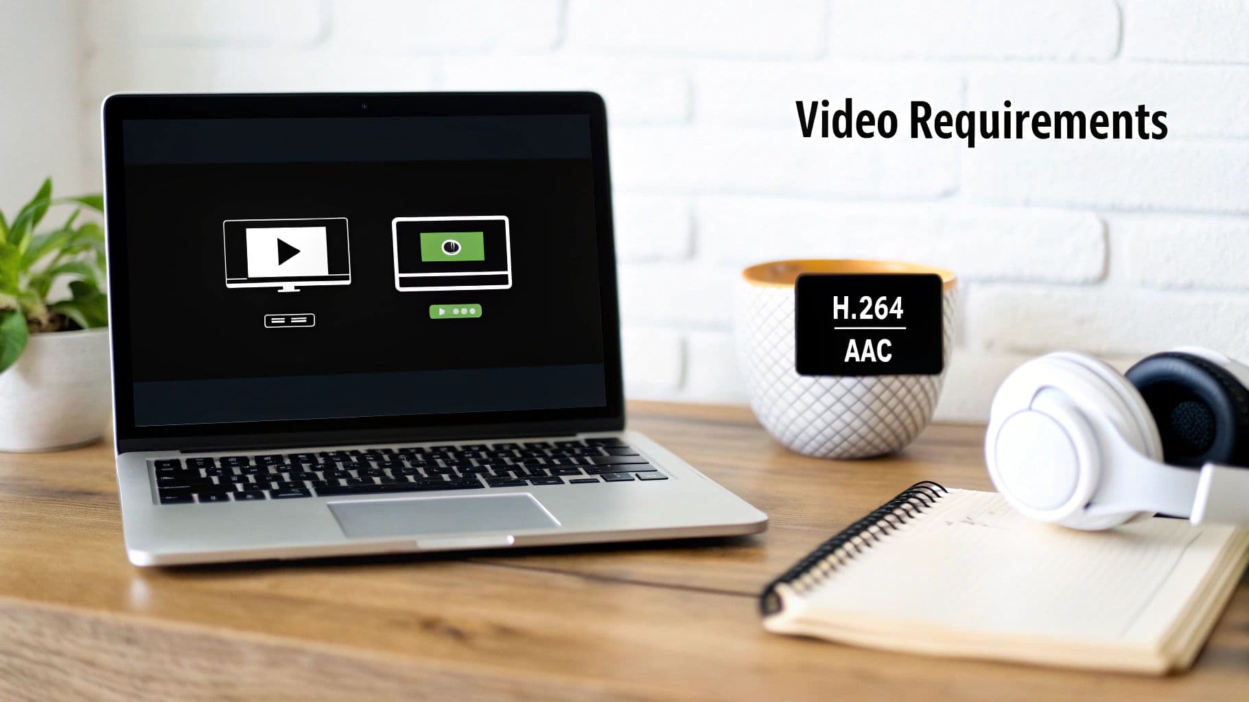 A laptop displaying video requirements and codecs H.264/AAC on a desk with headphones.