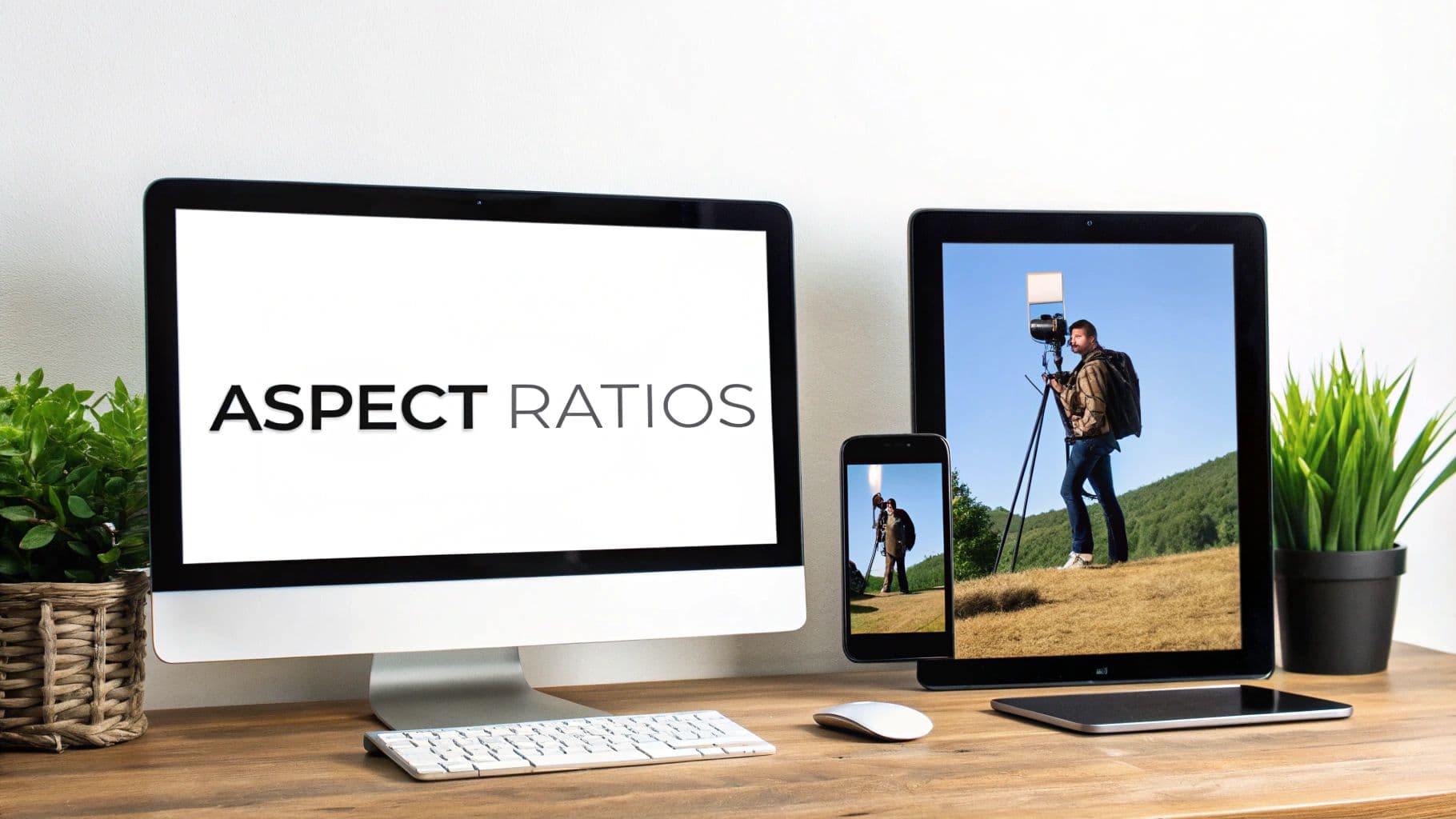 A desk with a computer monitor showing 'ASPECT RATIOS', a tablet, and a smartphone, both displaying a photographer outdoors.