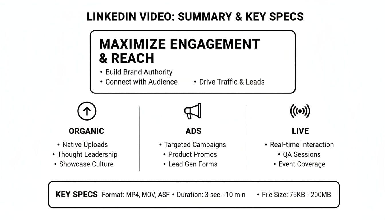 A summary of LinkedIn video types, their benefits for engagement and reach, and key technical specifications.