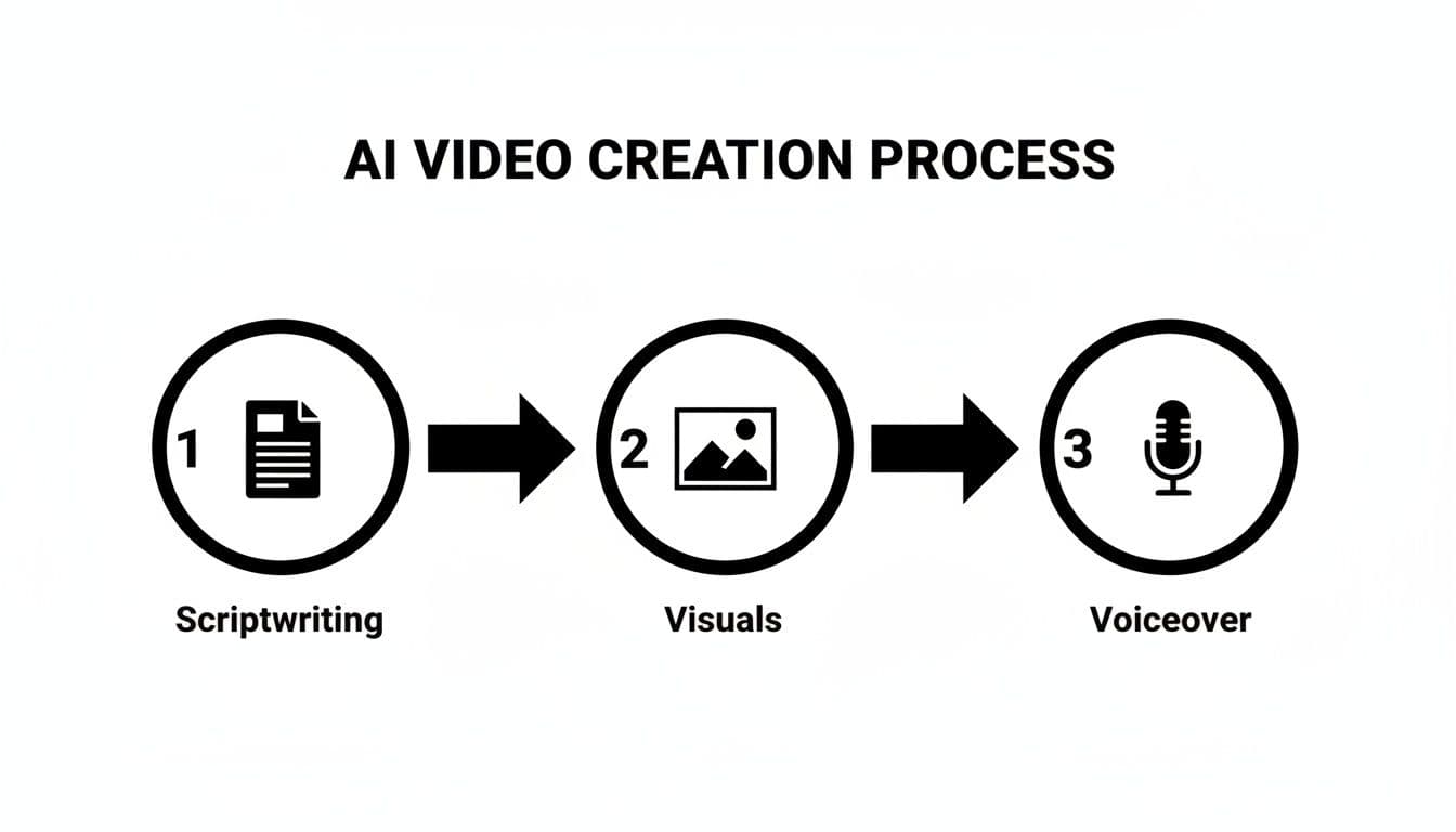 Un diagramma che illustra il processo di creazione video AI con passi: scrittura script, visual e voiceover.