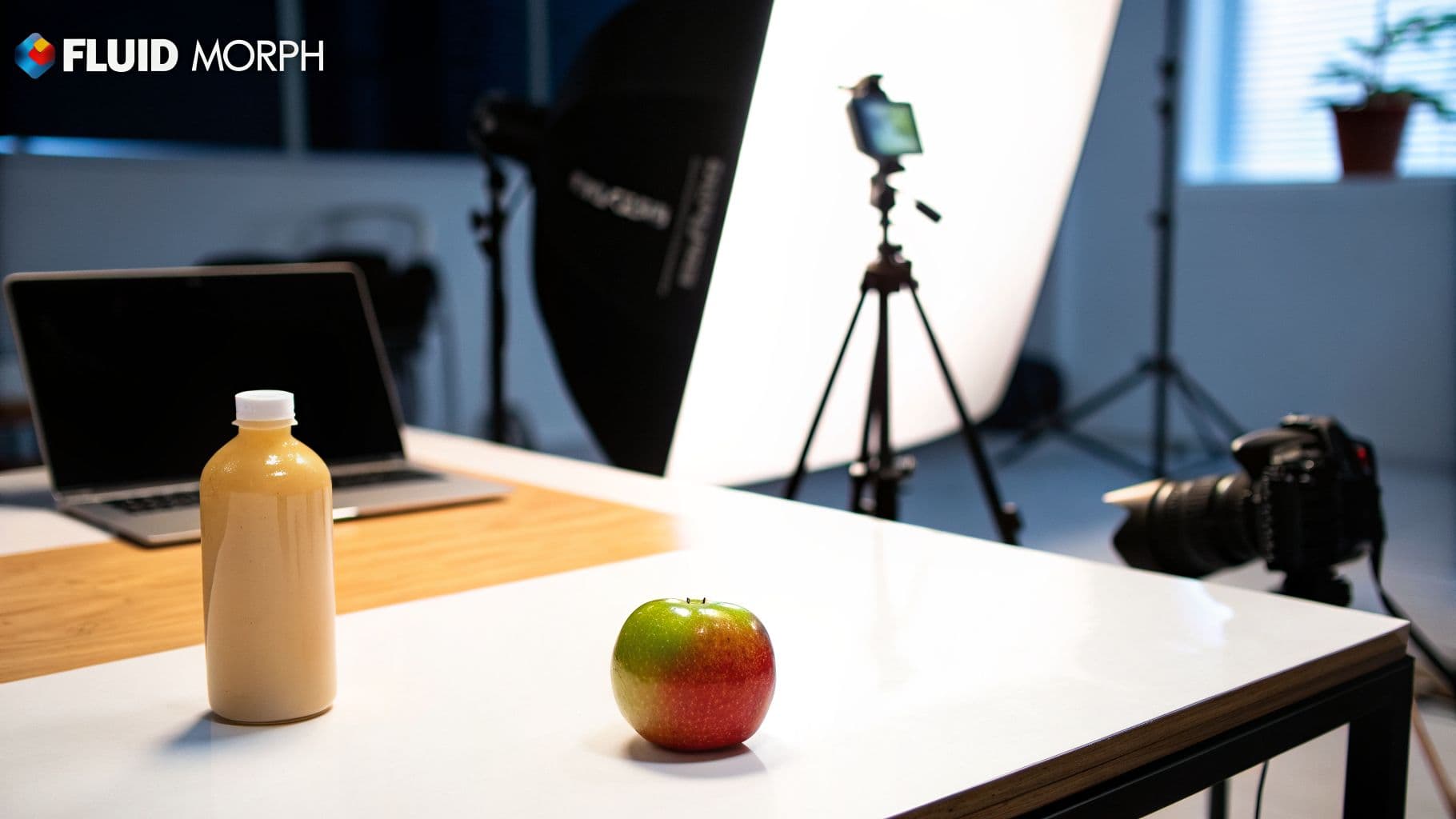 إعداد تصوير منتج مع زجاجة، تفاحة، لابتوب، كاميرا، وأضواء الاستوديو.