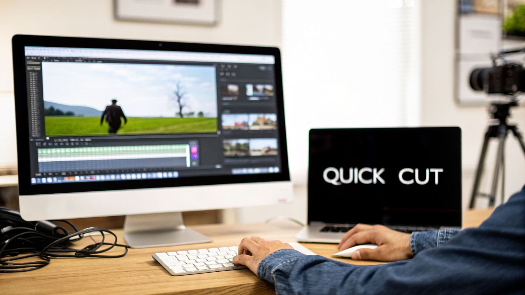 شخص يحرر فيديو على جهاز كمبيوتر مع شاشة تعرض لقطات وجهاز لابتوب.