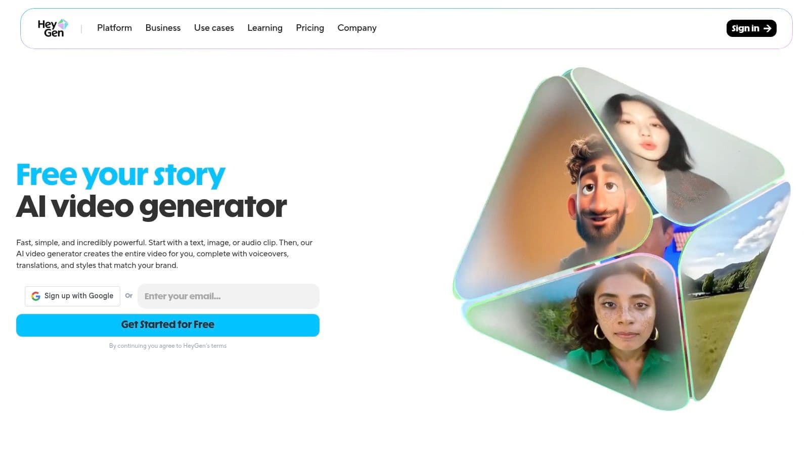 HeyGen homepage showing a diverse set of AI avatars.