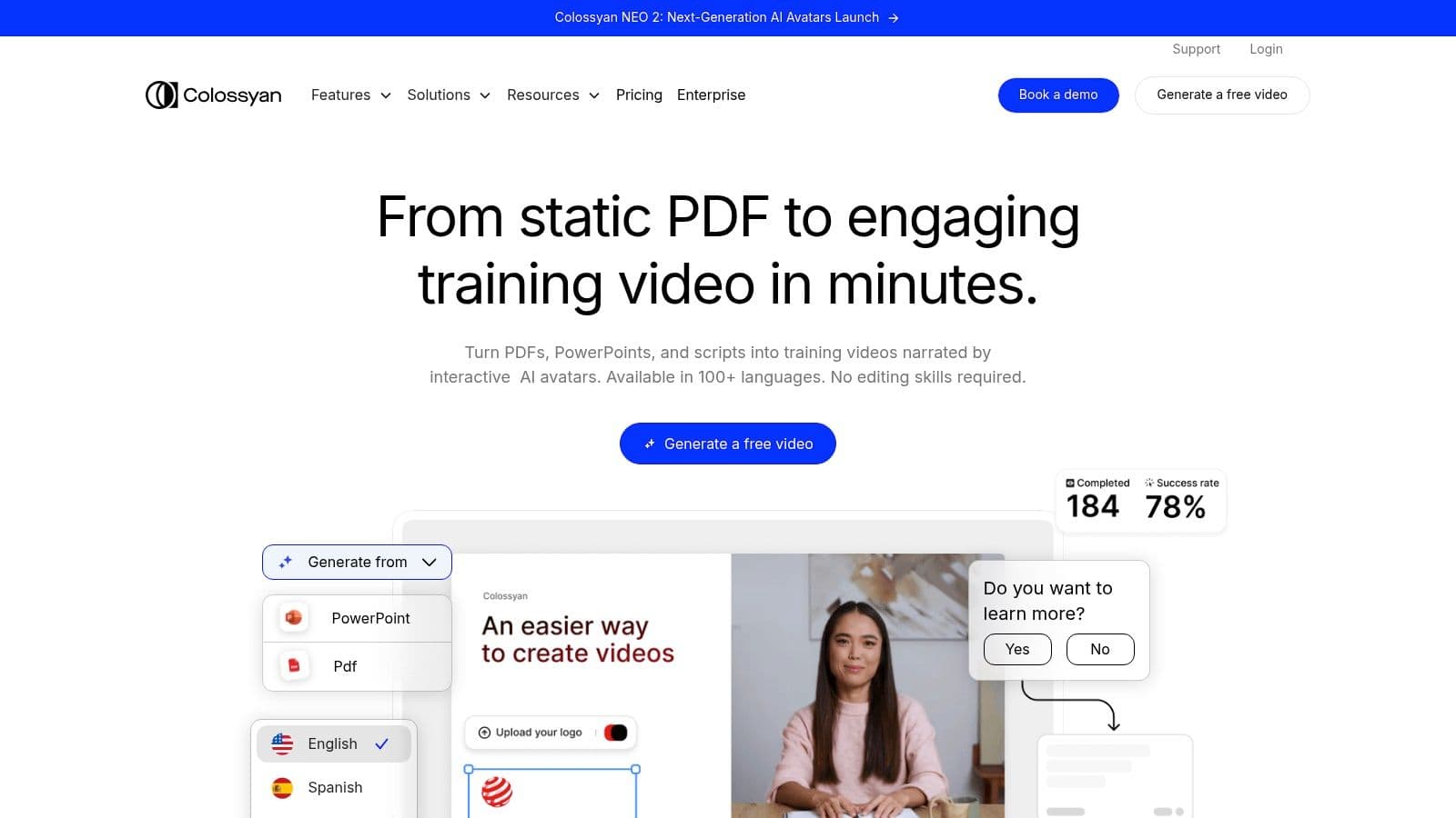 Colossyan AI avatar and video creation interface for training videos.