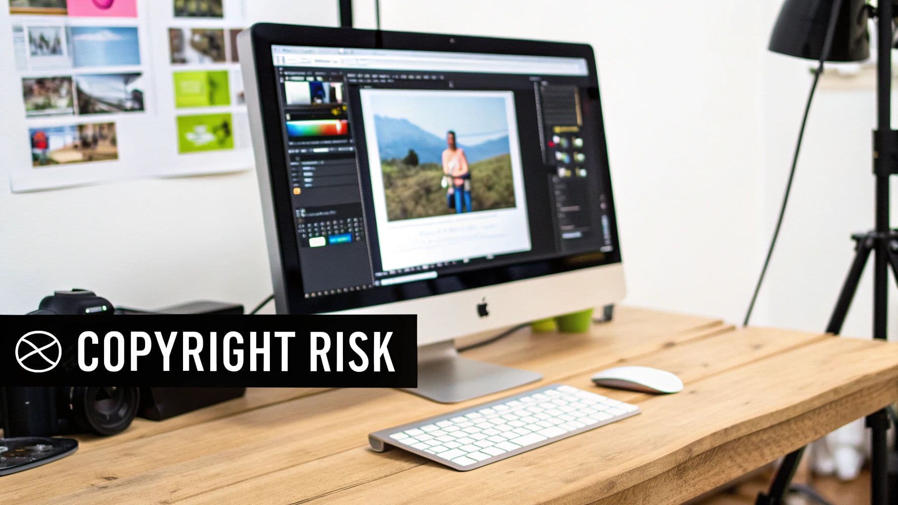 Un espai de treball digital modern amb un Apple iMac que mostra programari d'edició de fotos, una càmera, teclat i ratolí sobre un escriptori de fusta.