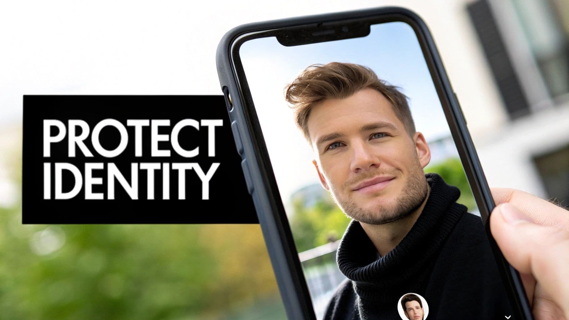 Una mà aguanta un smartphone que mostra la cara d'un home, amb text 'PROTECT IDENTITY' sobre fons negre.