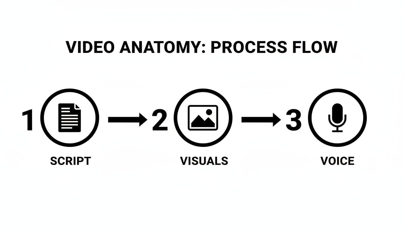 Process flow diagram showing three steps for video anatomy: script, visuals, and voice.