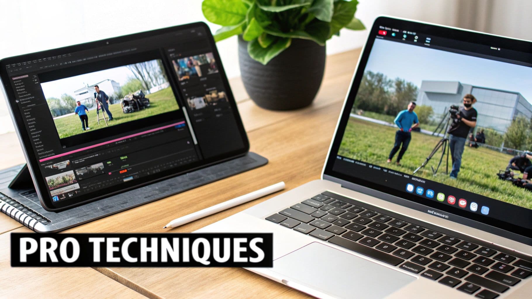 Un espace de travail d'édition vidéo moderne avec une tablette et un ordinateur portable affichant des images, suggérant des techniques professionnelles.