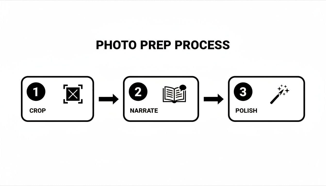 Un diagramme en trois étapes illustrant le processus de préparation des photos : recadrer, narrer et polir, avec des icônes respectives.