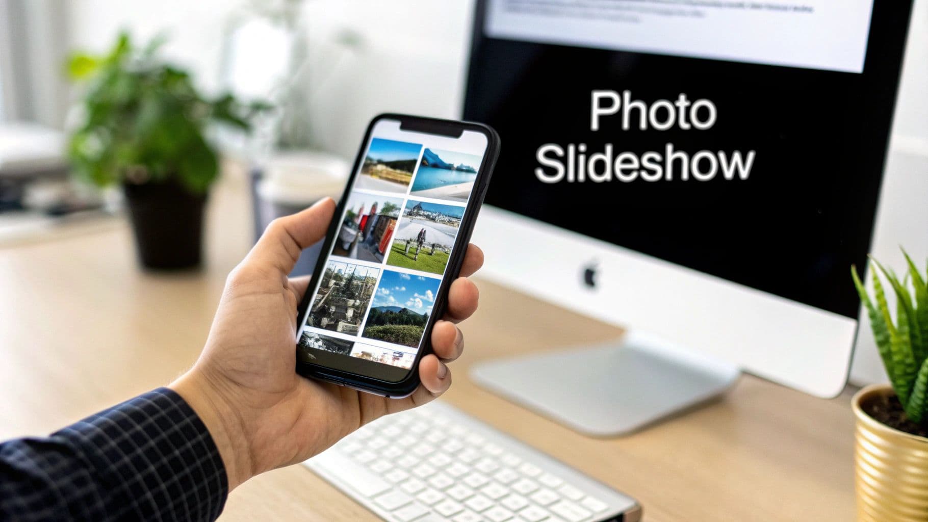 Une personne tient un smartphone affichant une galerie de photos, avec un ordinateur de bureau affichant 'Photo Slideshow' en arrière-plan.