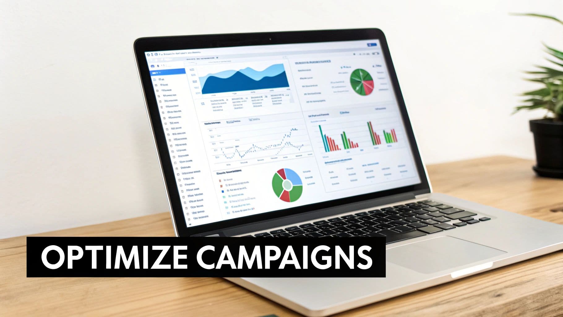 حاسوب محمول يعرض لوحة تحليل بيانات مع رسوم بيانية ومخططات لتحسين حملات التسويق على مكتب خشبي.