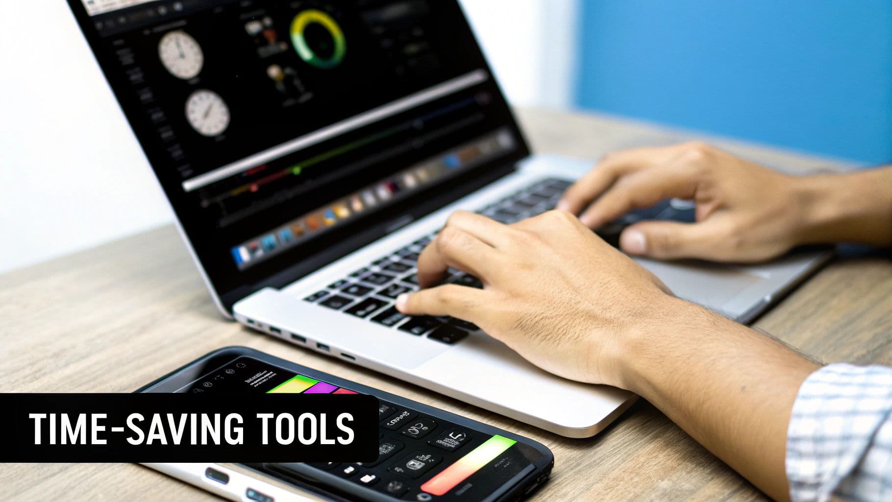 Hands typing on a laptop with video editing software open, next to a smartphone displaying control apps, representing time-saving tools.