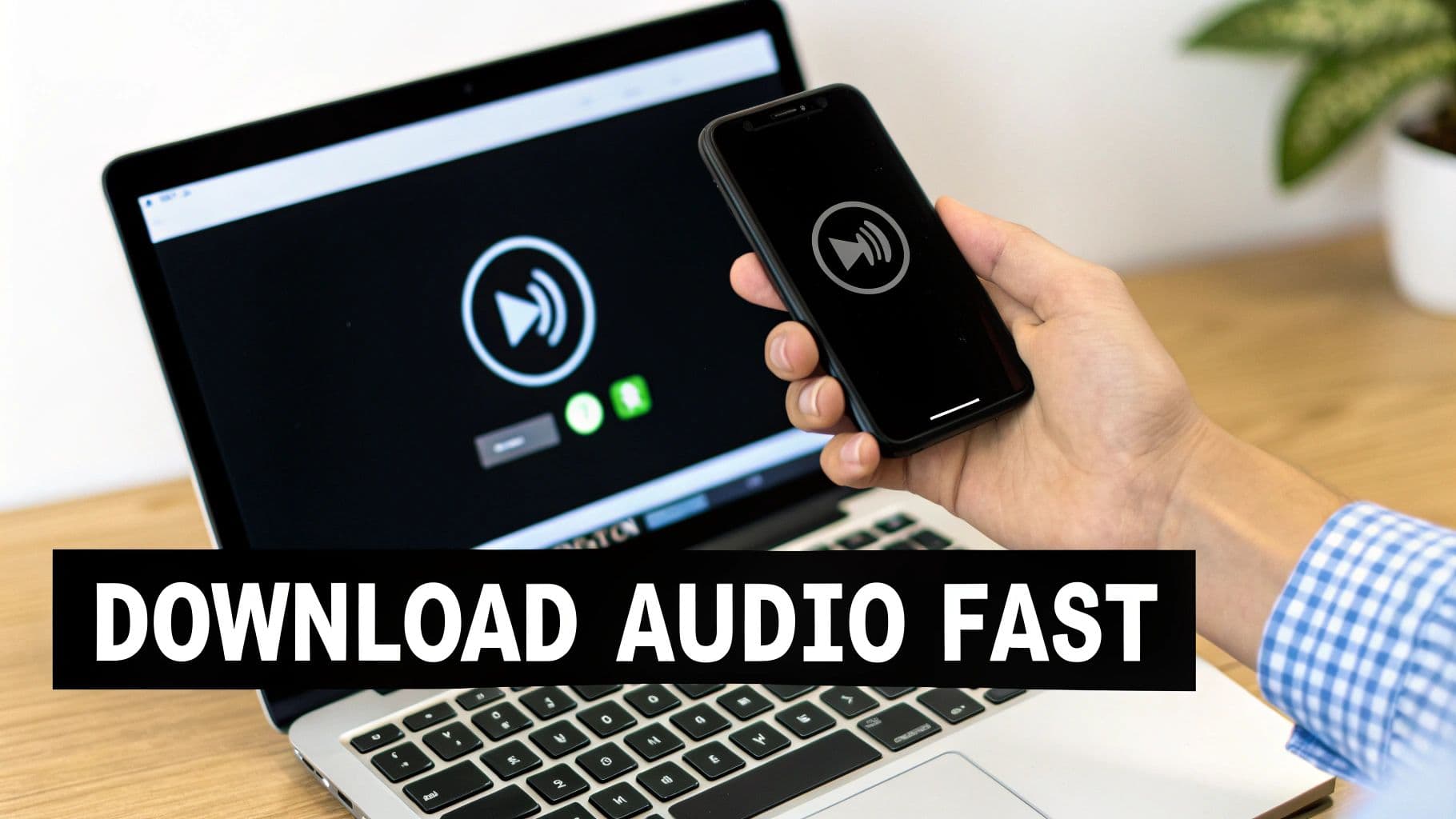 A person holds a smartphone next to a laptop, both displaying play/download icons for fast audio.