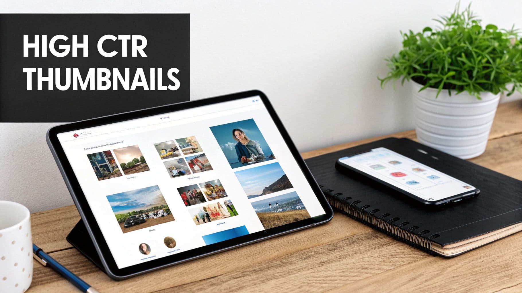 Una taula de fusta amb una tauleta que mostra una pancarta 'HIGH CTR THUMBNAILS', diverses fotos, un smartphone i una planta verda.
