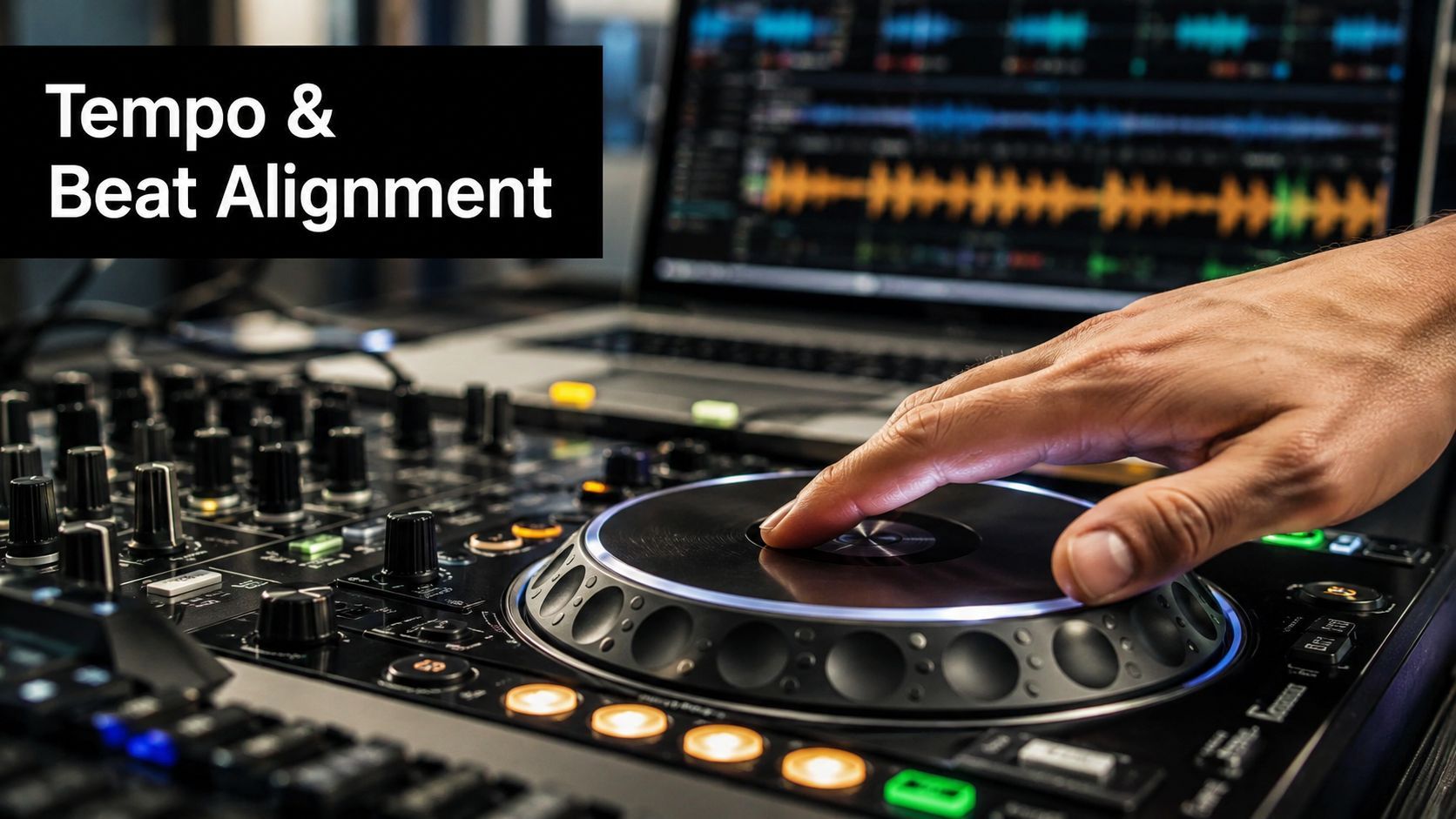 Una vista de prop d'una mà de DJ tocant un plat de controlador per a tempo i alineació de beat.