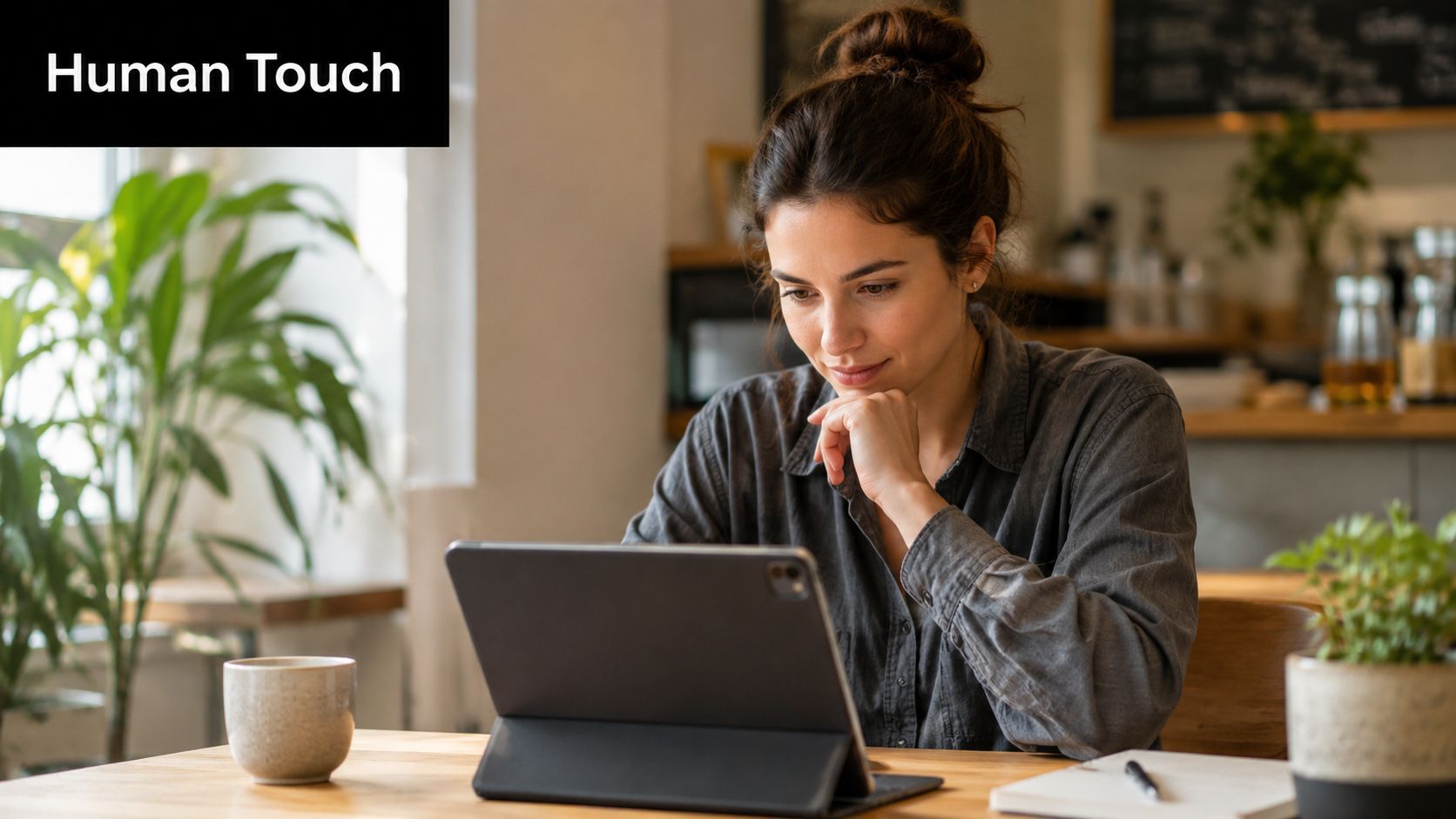 A young woman thoughtfully looking at her tablet while sitting at a cafe table with a coffee.