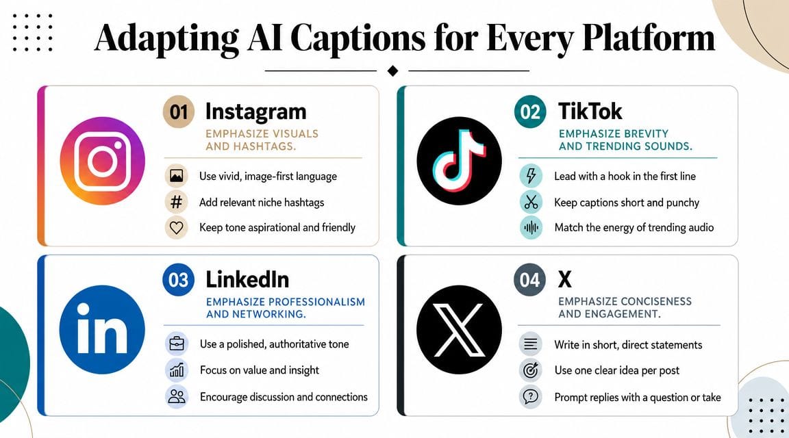 An infographic titled Adapting AI Captions for Every Platform, showing tips for Instagram, TikTok, LinkedIn, and X.