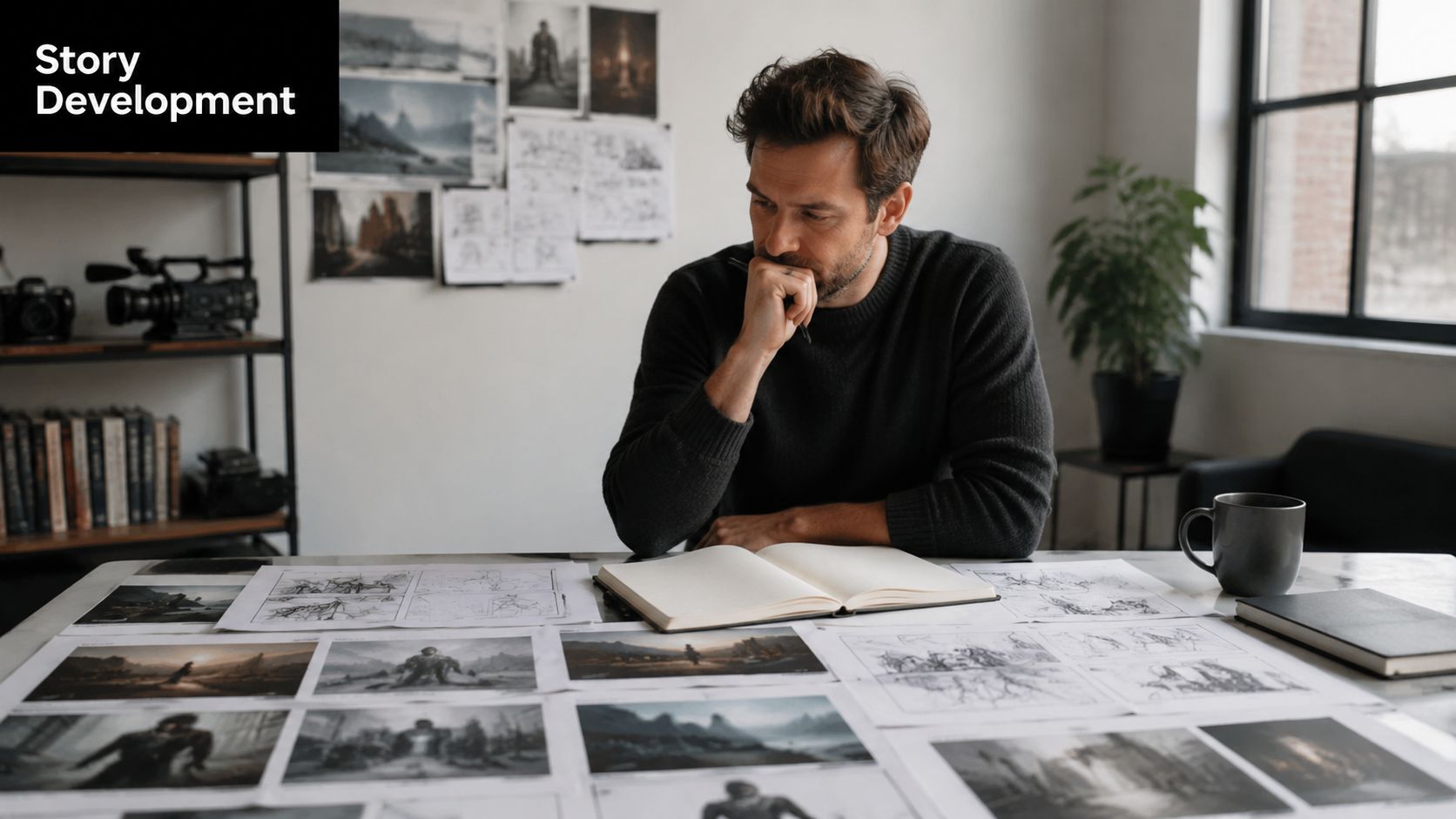 A male filmmaker sitting at a desk and thoughtfully reviewing his storyboards and creative concepts.