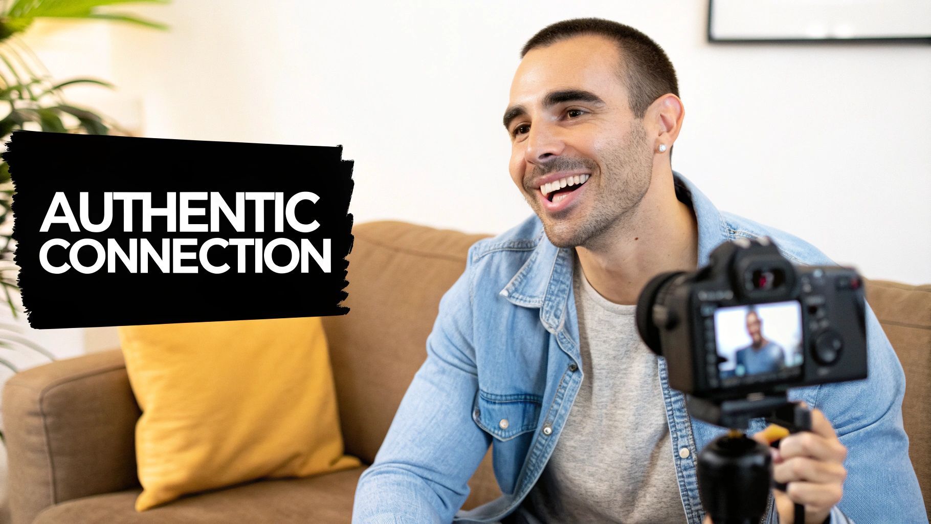 A smiling male content creator records a video about authentic connection while sitting on a sofa.