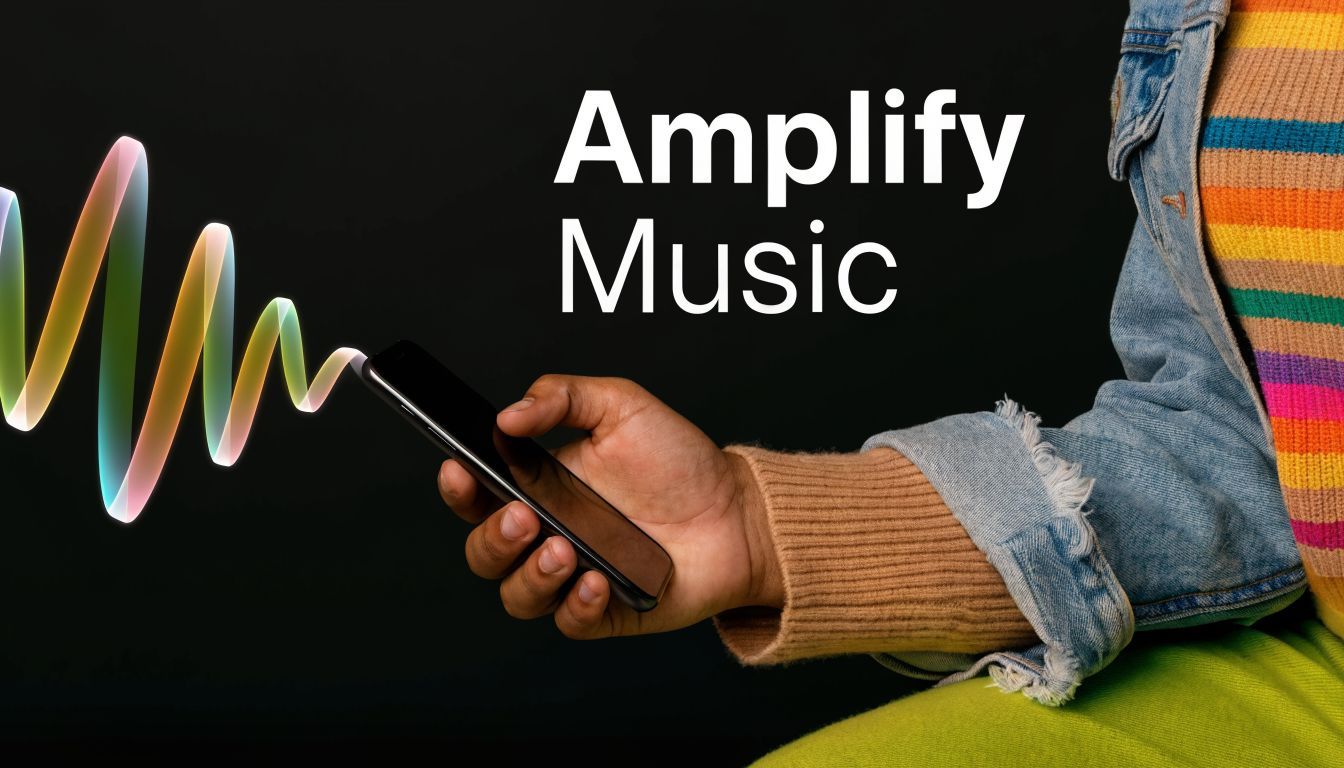 A person holding a smartphone on a black background with a colorful sound wave graphic next to it.