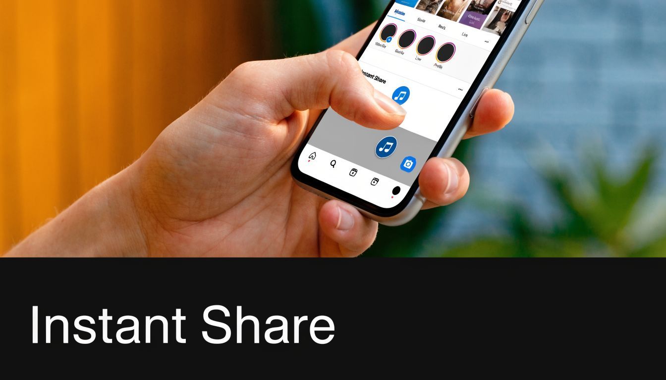 A close up view of a hand holding a smartphone displaying a social media interface named Instant Share.