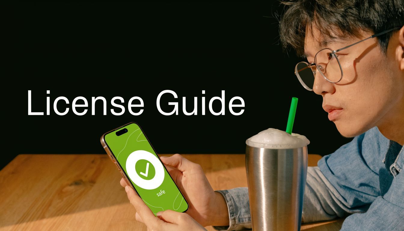 A young man wearing glasses looking at his smartphone with a green safe icon on the screen.