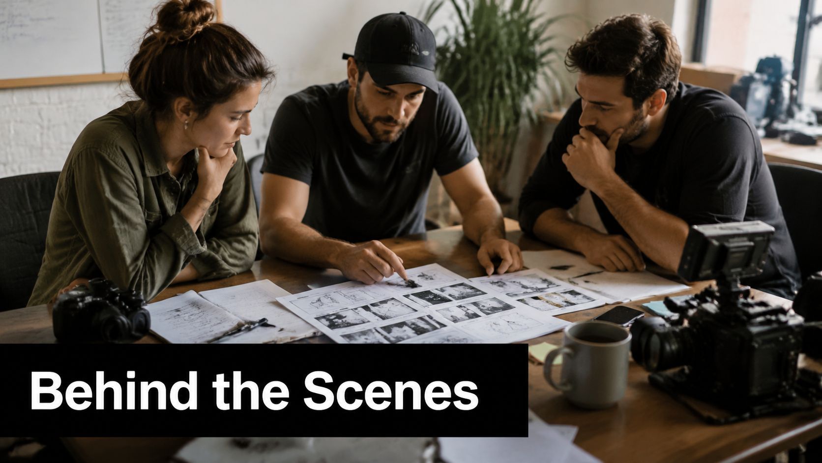 ’n Diverse kreatiewe span wat saamwerk aan ’n storyboard-uitleg vir ’n fliekprojek in ’n kantoor.