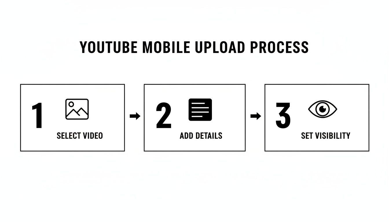 A diagram outlining the three-step YouTube mobile upload process: select video, add details, and set visibility.