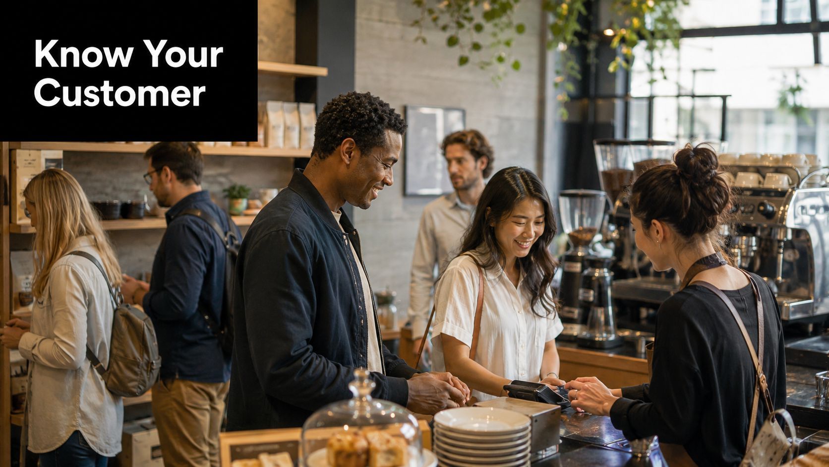 ’n Vriendelike barista neem betaling aan van ’n kliënt in ’n besige moderne koffiewinkel-omgewing.