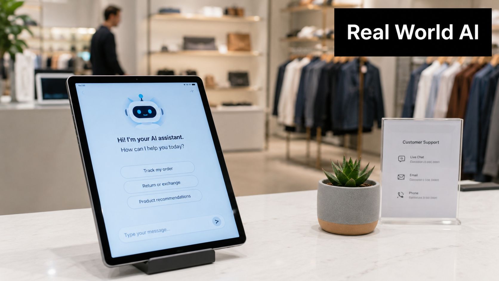 'n Digitale tablet wat 'n AI kliënte-ondersteunings chatbot-koppelvlak op 'n kleinhandelwinkeltoonbank wys.