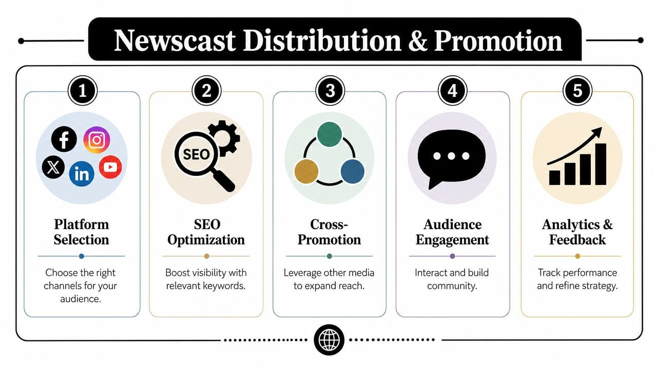 Un infogràfic de cinc passos que mostra estratègies per a una distribució i promoció efectiva de telediari en diverses plataformes de mitjans digitals.