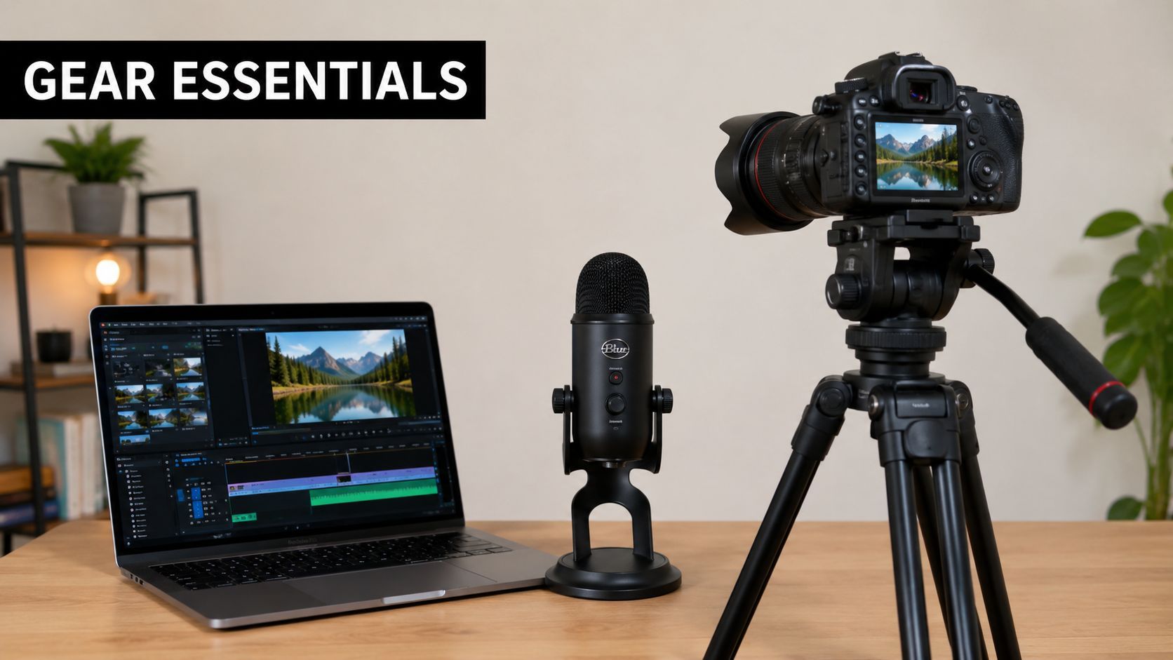 Una configuració professional d'escriptori d'edició de vídeo amb un portàtil amb software d'edició, un micròfon i una càmera.