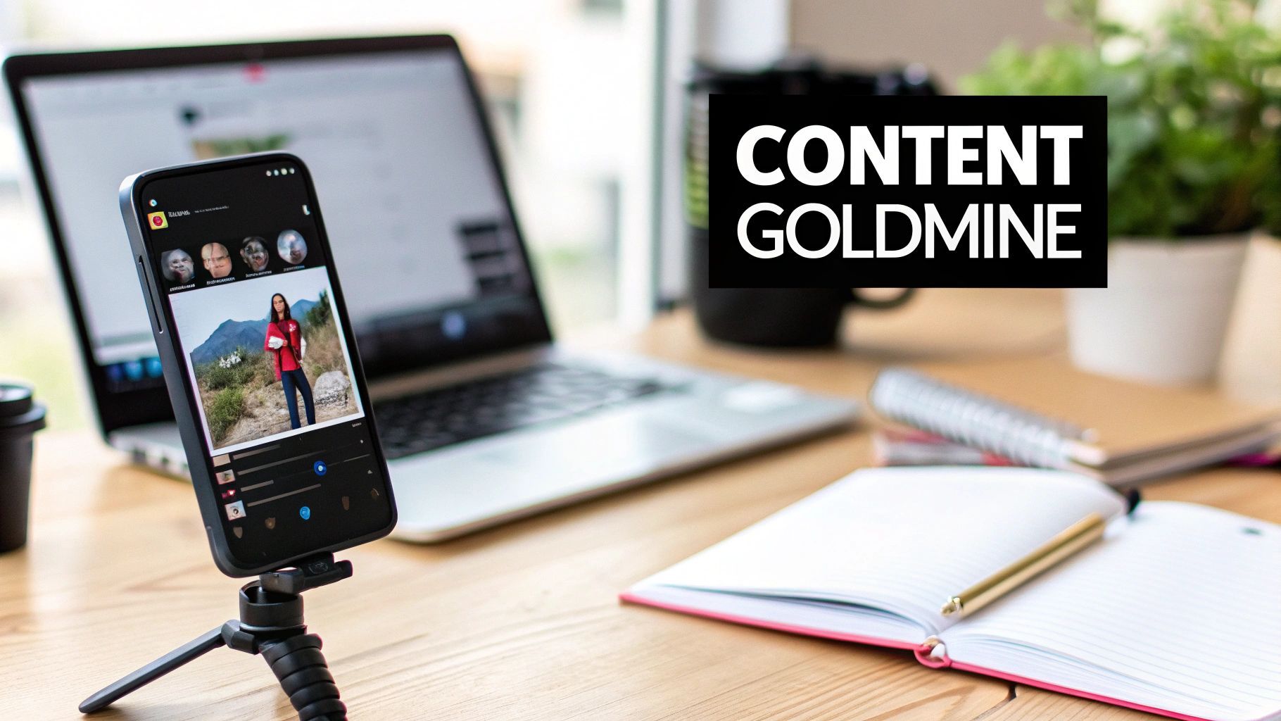 Un smartphone sobre un trípode mostra un feed de xarxes socials, un portàtil i llibretes sobre un escriptori, amb superposició 'CONTENT GOLDMINE'.