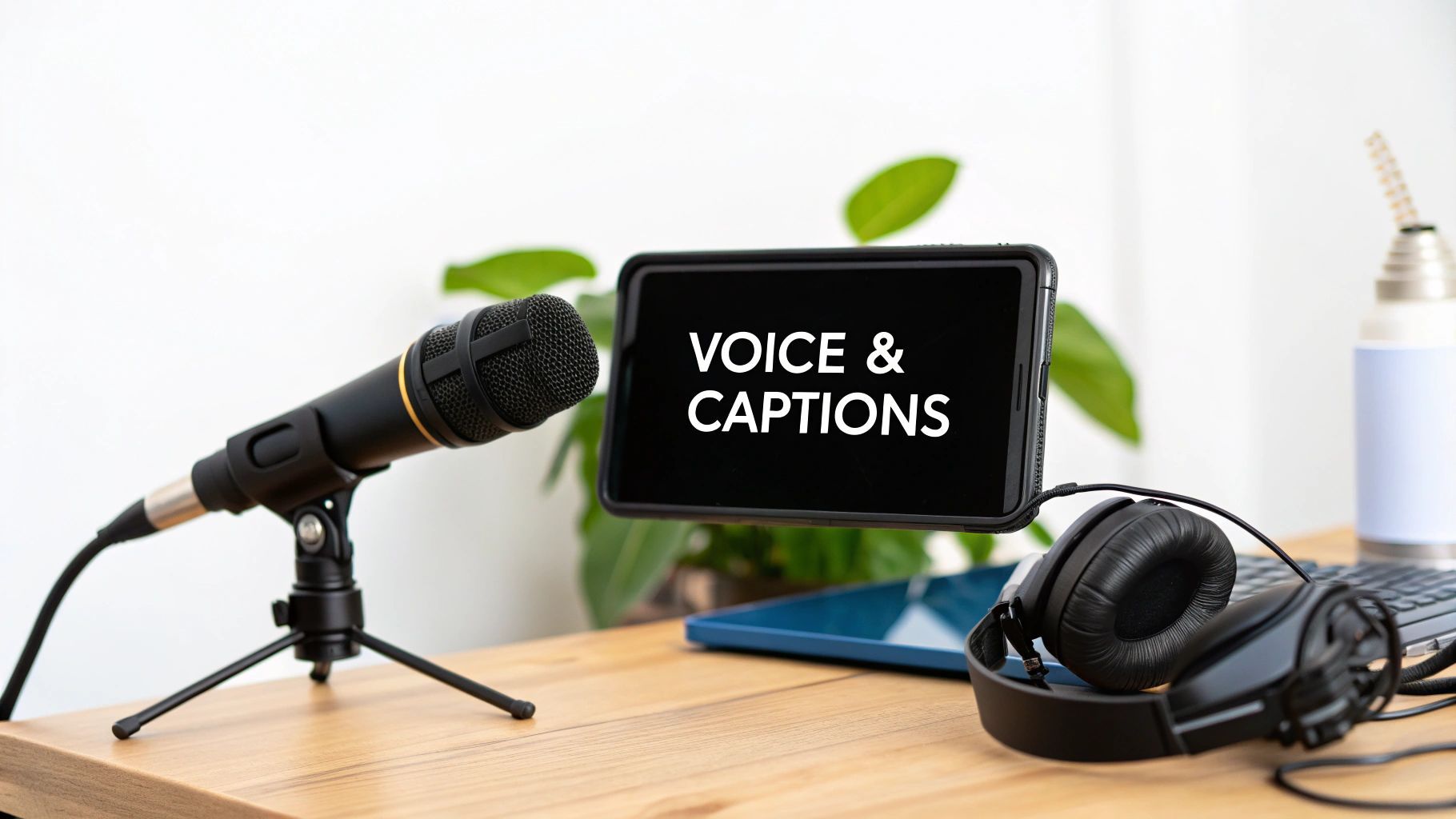 Mikrofón, smartfón zobrazujúci text hlasu a titulků a slúchadlá na drevenom stole na tvorbu obsahu