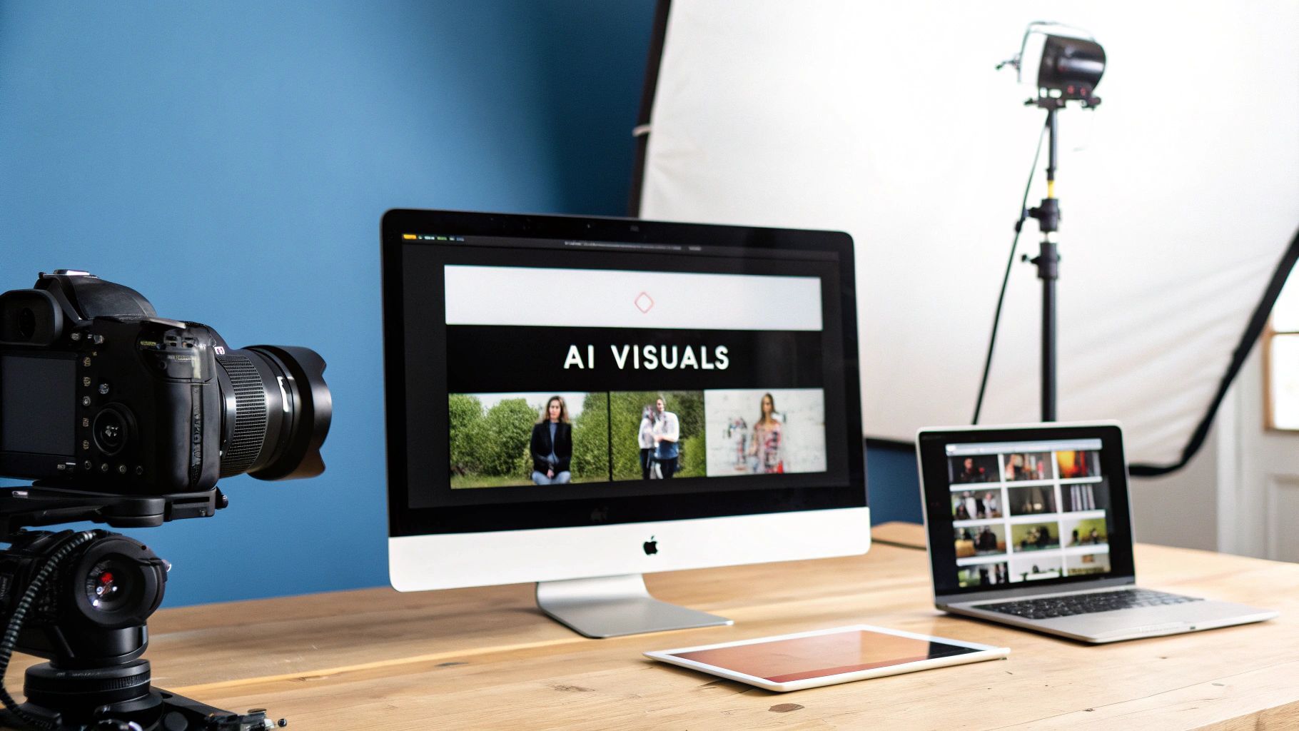 Profesionálne fotografické štúdio s kamerou, počítačom zobrazujúcim AI vizuály a vybavením na úpravu videa