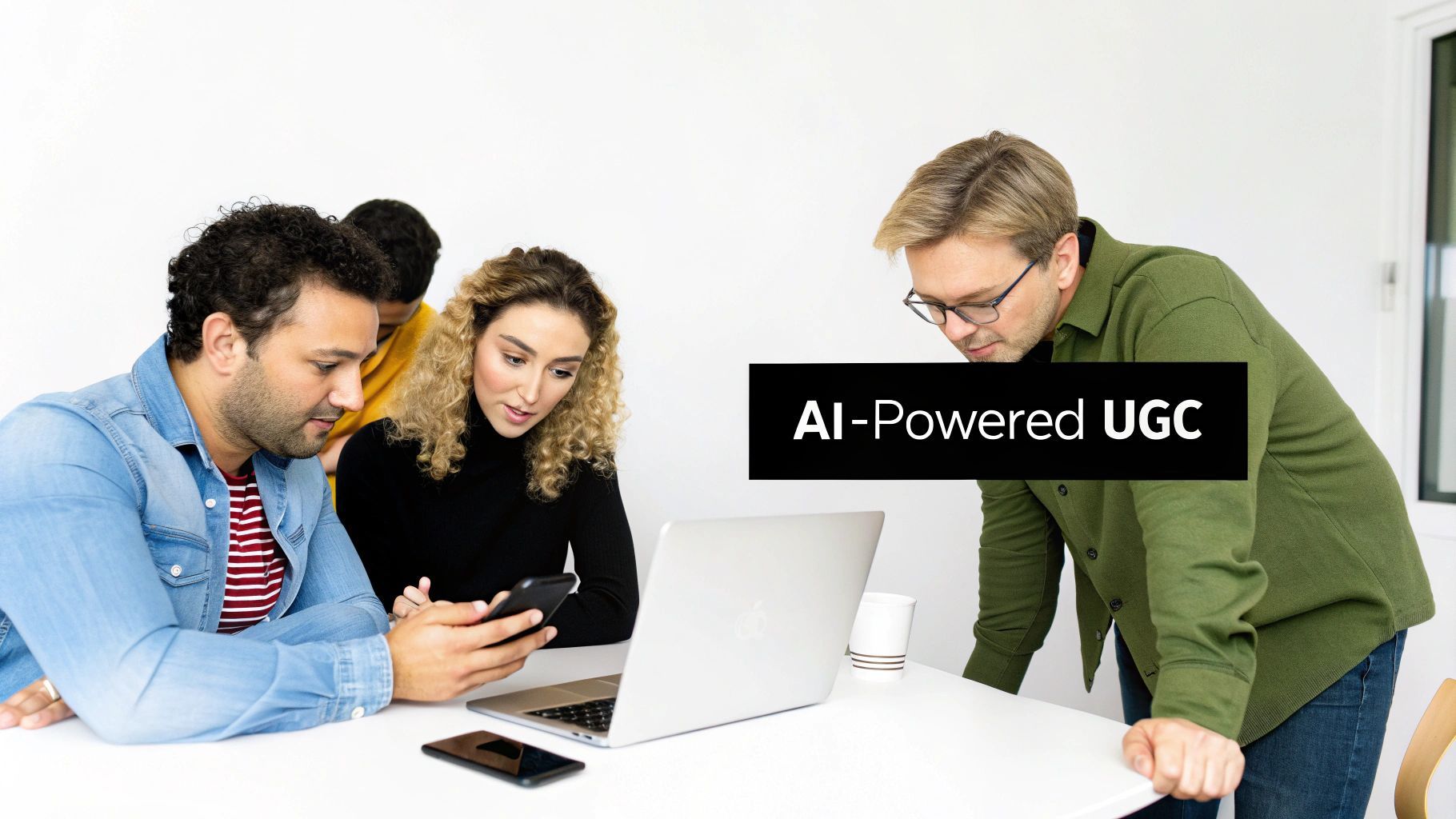 Kelompok profesional beragam yang bekerja sama pada laptop dan ponsel, dengan overlay 'AI-Powered UGC'.