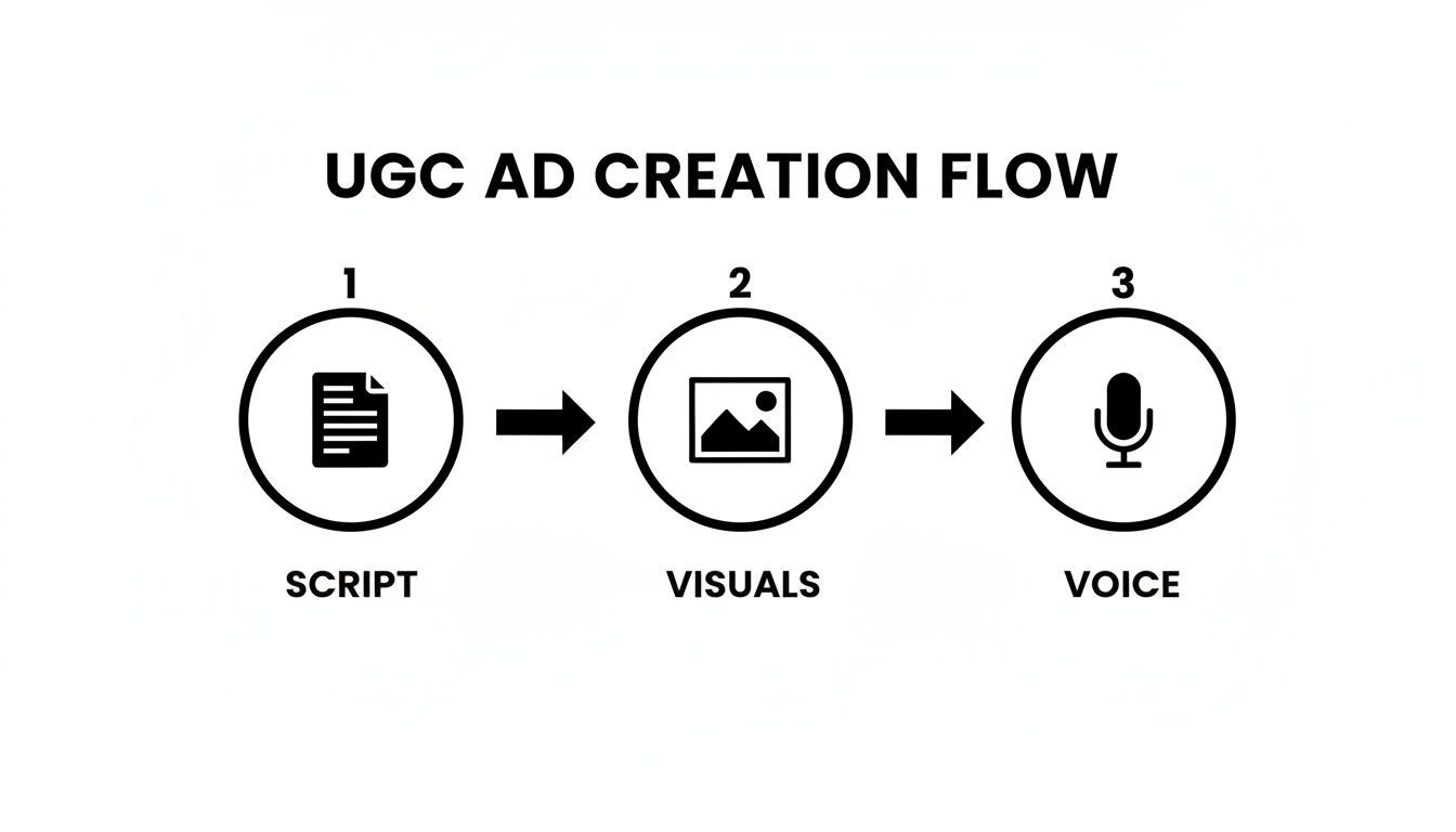 Flowchart yang menunjukkan proses pembuatan iklan UGC: Skrip, Visual, dan Voice.
