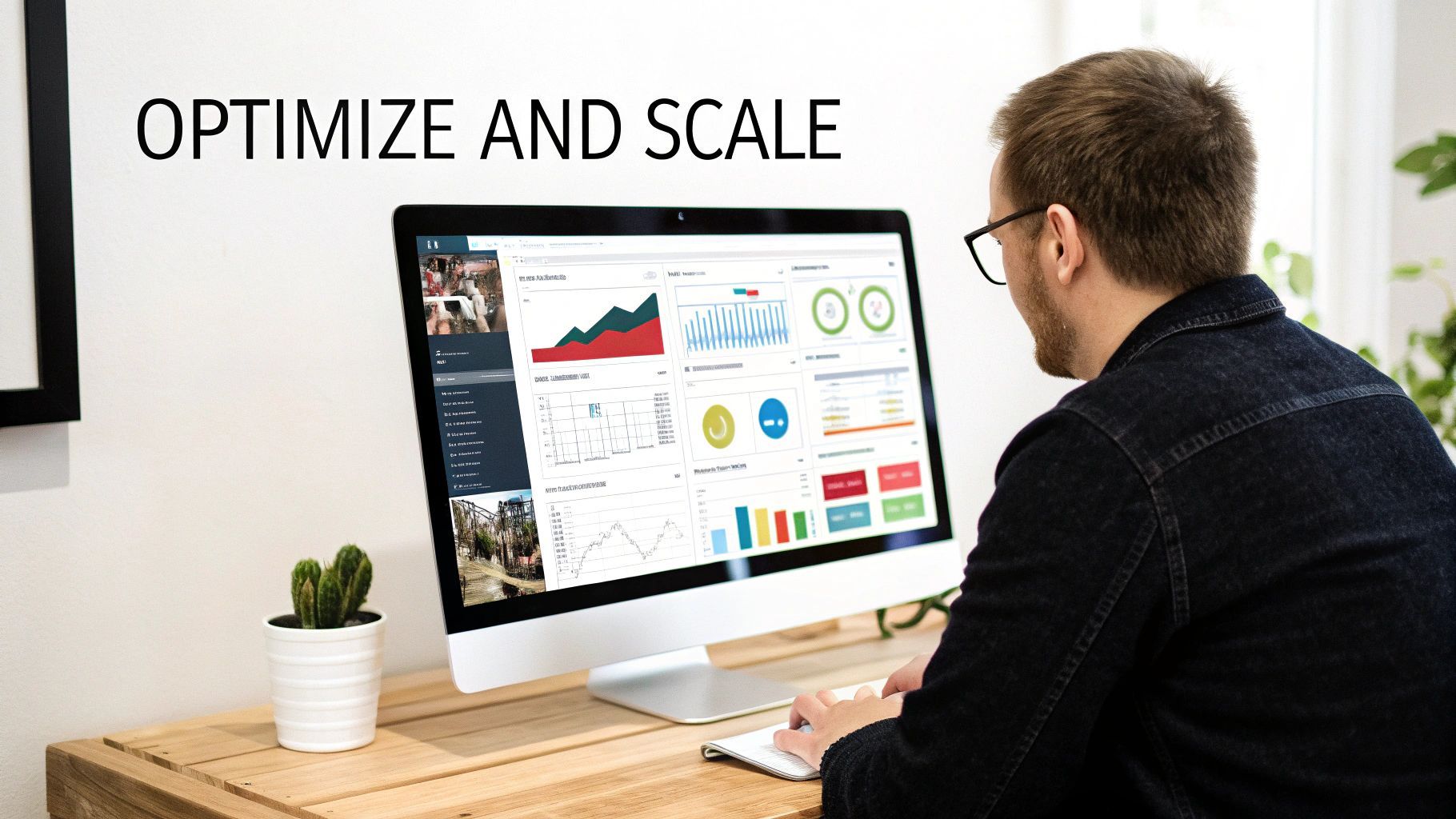 Pria berkacamata melihat monitor komputer yang menampilkan analitik bisnis, grafik, dan data.