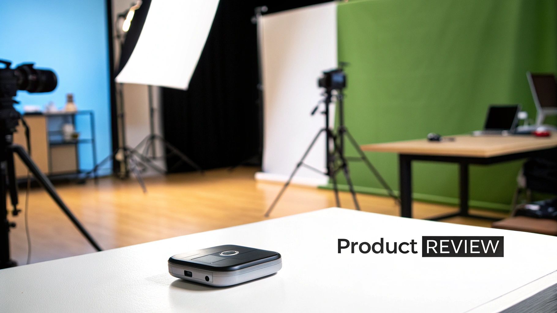 Professional video studio setup with green screen, lighting equipment, and recording device for product review content